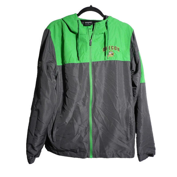 Oregon DUCKS Full Zip Green Gray Windbreaker‎ Rain Jacket Mens Small Hooded EUC - Picture 1 of 5